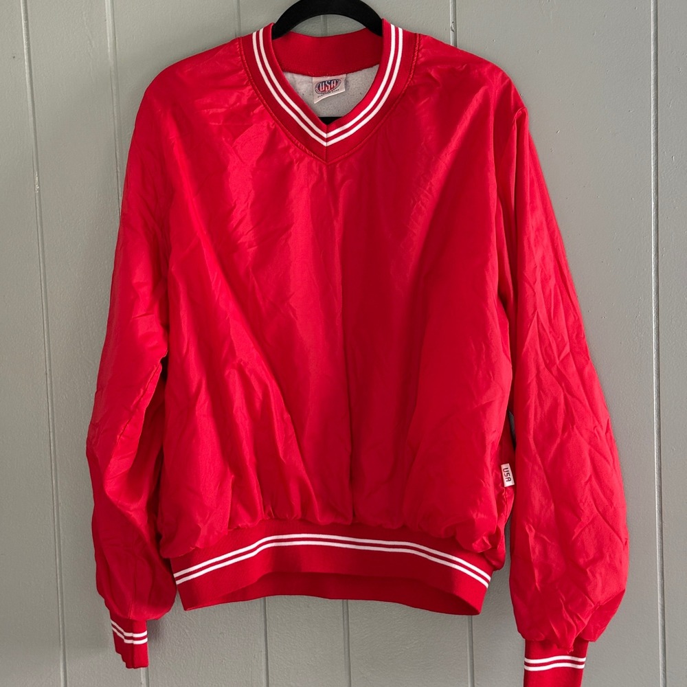 READ Vtg USA United Sports Pullover Windbreaker L Varsity Retro‎ Red Nylon 80s